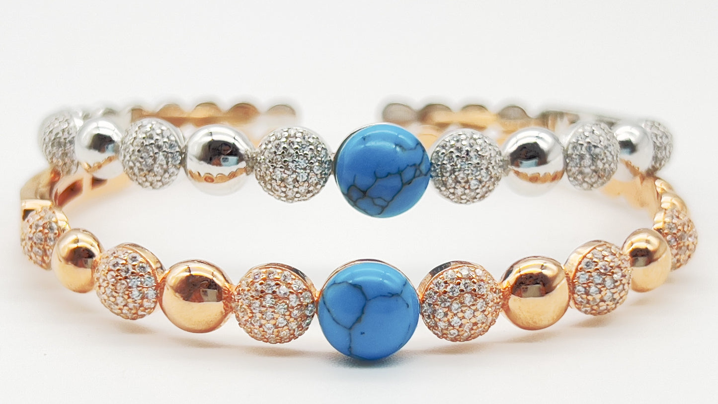 925 Sterling Silver Rose Gold Plated Bangle – Turquoise & Micro Pavé Center ✨💙
