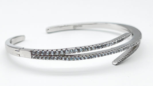 925 Sterling Silver Open Cuff Bangle – Double Row Micro Pavé Design ✨💎