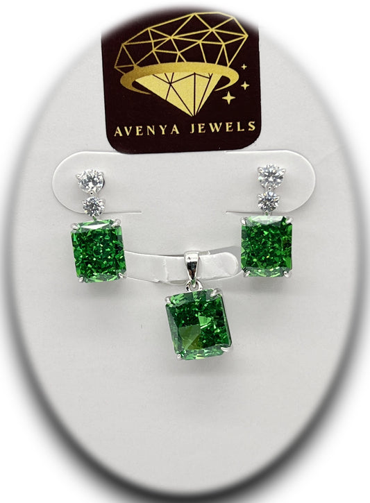 💚 Elegant Green Stone 925 Silver Pendant Set 💚