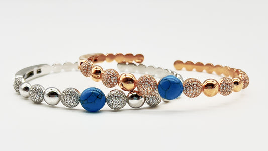 925 Sterling Silver Rose Gold Plated Bangle – Turquoise & Micro Pavé Center ✨💙
